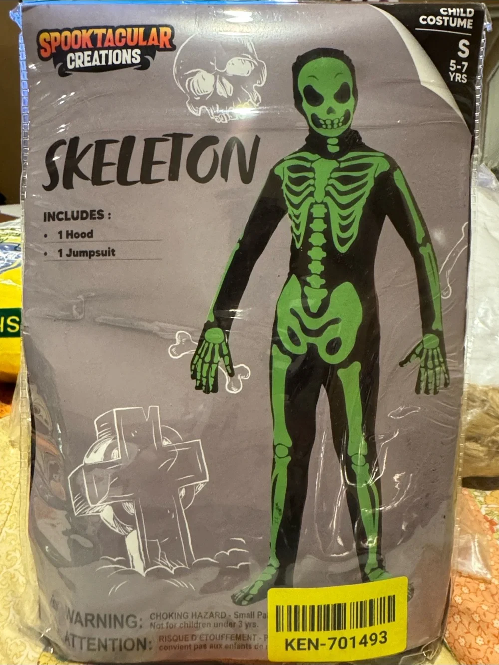 Green & Black Skeleton Kids Costume S 5-7 years